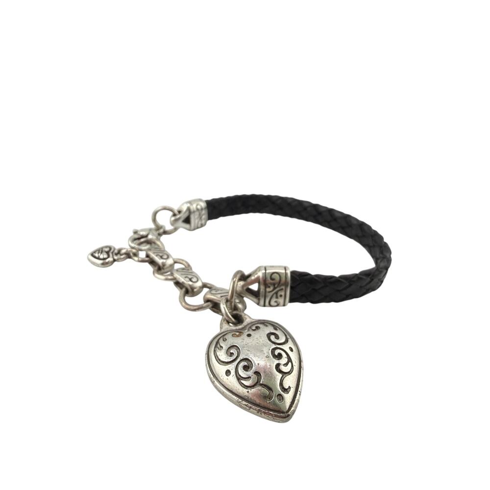 Brighton "Kings Road" Black Braided Leather Heart Charm Bracelet
